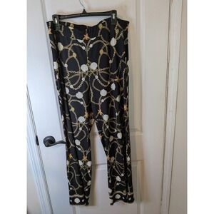 Boston Proper Womens XL Nautical Chain Seashell Print Wide Leg Pants Black Gold